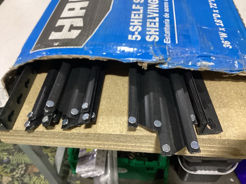 Condition photo showing As Is for hart 38"wx18"dx72"h 5-shelf heavy duty steel shelving unit 800 lb capacity, black (wood shelves, not steel)