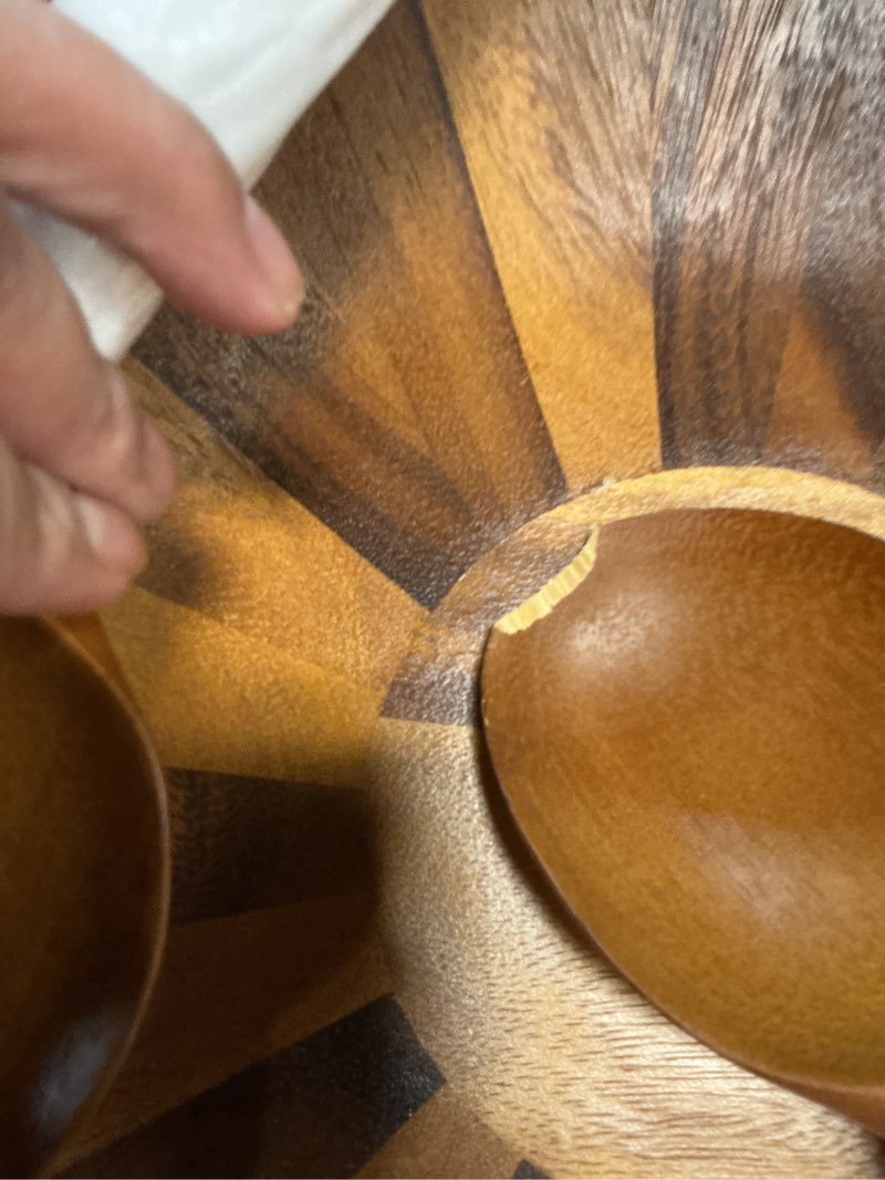 Condition photo showing Good Condition for nambe Butterfly Acacia Wood Salad Bowl with 2 Salad Servers | Made of Acacia wood and Nambe Alloy | Large Deep Wooden Bowls | Acacia Wood Salad Bowl Set | Designed by Sean O’hara (16-in)
