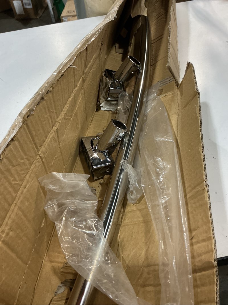 Condition photo showing As Is for chrsouly adjustable curved shower rod, 42-72 inches extra wide shower curtain rod, rust proof, premium stainless steel, curved shower curtain rod for bathroom, need to drill, silver silver 42-72 inches