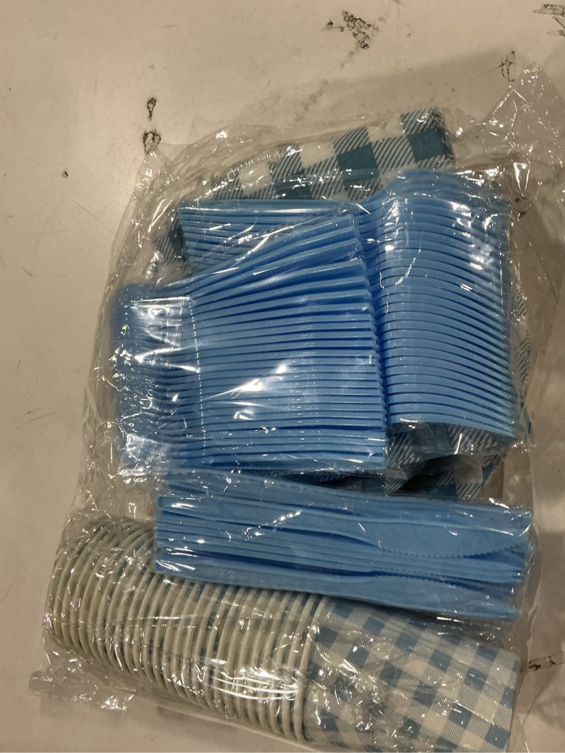 Condition photo showing New/Like New for 175-Piece blue Gingham Party Supplies Set | Disposable Plates, Napkins, Cups, Cutlery for 25 Guests |Stylish Wedding Birthday Party Decorations (blue)