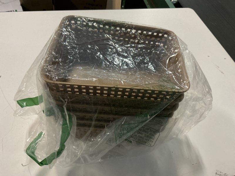 Condition photo showing Good Condition for WYT 6-Pack Plastic Small Shelf Storage Weave Baskets Organizing for Cabinets and Pantries, Light Brown 6-Pack Light Brown
