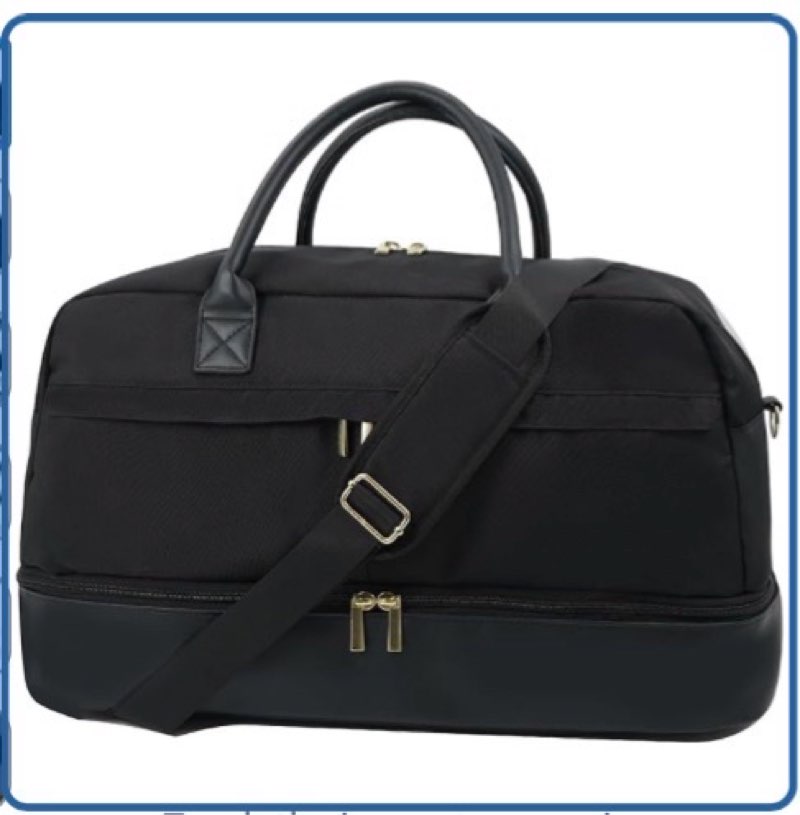 travel duffle bag for women, weekender bag with shoe compartment, carry-on personal item, nylon gym tote with trolley sleeve, detachable adjustable shoulder strap, overnight travel tote bag (black)