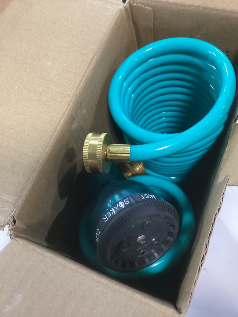 Condition photo showing Good Condition for coil hose 25ft eva coil garden hose with 3/4'' brass connector coiled water hose lightweight and no kink includes 7 patterns spray nozzle for outdoors lawn watering car washing blue 25ft
