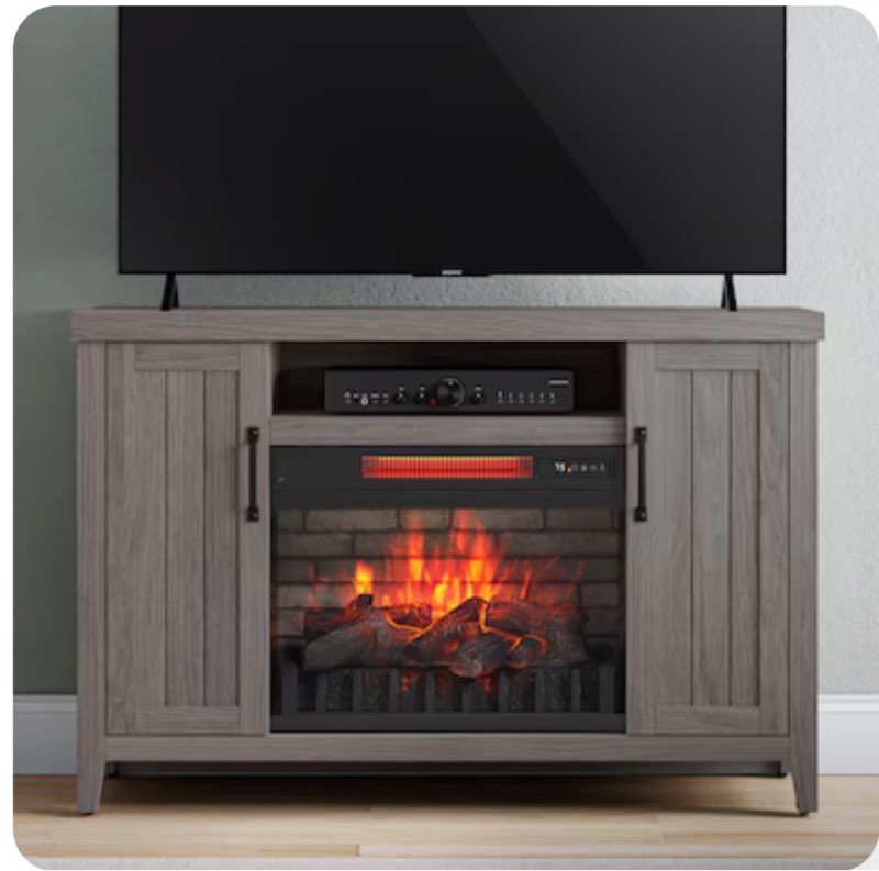 style selections 48-in w iron oak free standing infrared quartz flat wall electric fireplace with remote control included
