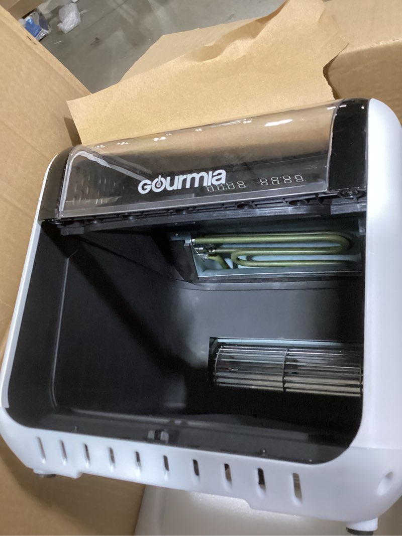 Condition photo showing As Is for incomplete  o basketgourmia air fryer 7 qt - easy view panorama window & interior light, guided cooking with 12 one-touch presets, fryforce 360, dishwasher safe accessories, white similiar product