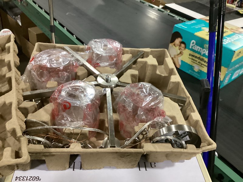 Condition photo showing As Is for ••incomplete••(missing glass glibe)allen + roth evans 5 -light brushed nickel transitional for use in bedrooms, dining rooms, foyers, kitchens, living rooms chandelier