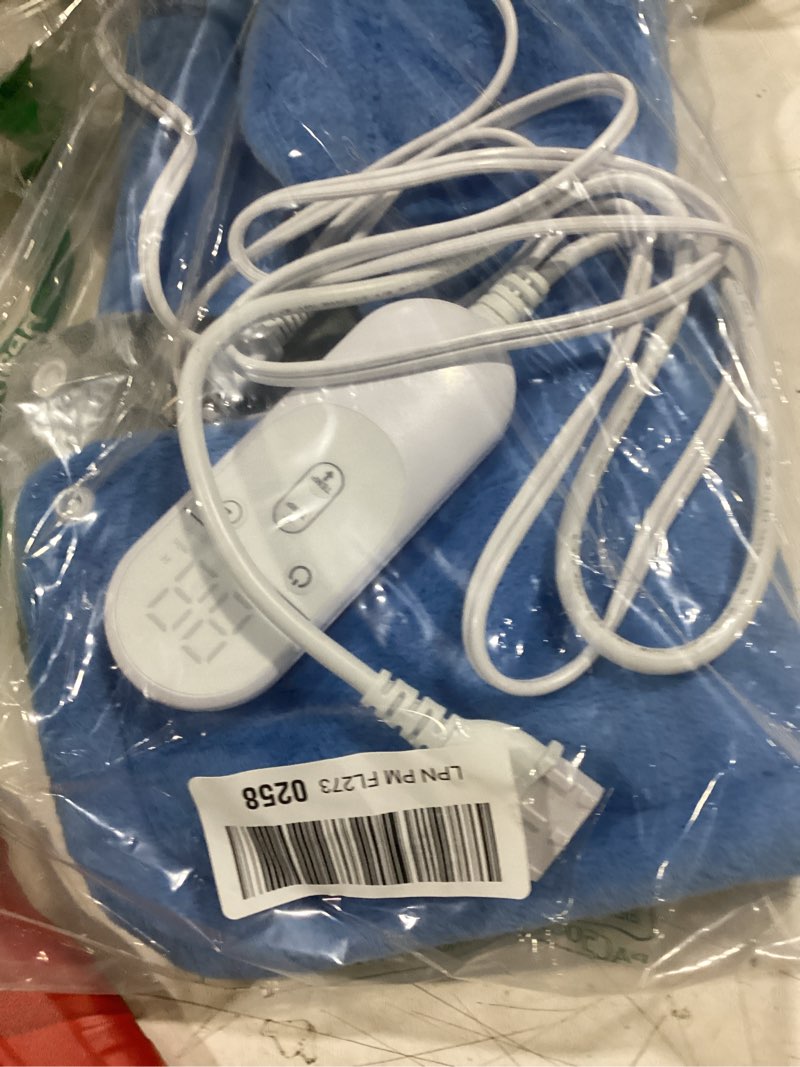 Condition photo showing As Is for heating pad for neck, back, shoulder, cramps pain relief, gifts for women, men, mom, dad, 4 auto-off, machine washable, 6 heat settings, ideal for mother’s day, father’s day, christmas, birthdays blue/gray