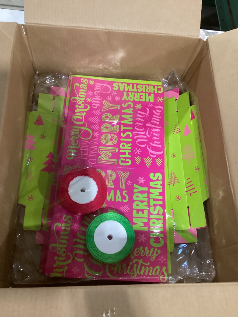 Condition photo showing As Is for Cinrobiye 4 Pcs Christmas Gift Boxes with Lid,Ribbon and Tissue Papers,9" Black and White Christmas Winter Square Cardboard Box for Gift Wrapping Holiday Present Birthday Assorted Design (Green Pink)