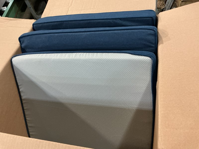Condition photo showing Good Condition for outdoor chair cushions 20x20, water-resistant & fade-resistant, patio furniture lawn dining chair seat replacement with high back, ties zipper, removable cover, set of 6, navy blue navy blue 20" x 20" 6 pack