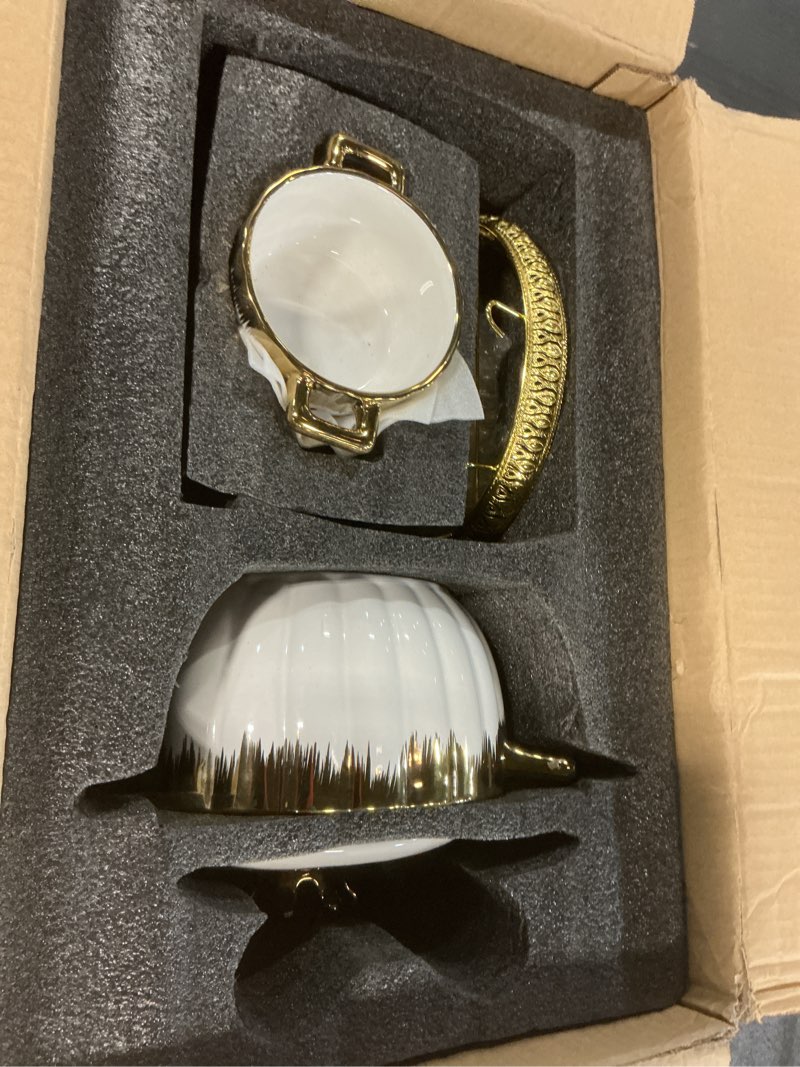 Condition photo showing Good Condition for TFE's Fancy Ceramic Soup Tureen Bowl Gift Set with 6 Soup Bowls/Cups with Handles, Gold Stand & Lid, Hotpot Style Home Decor Kitchen Utensils Set for Ramen Pasta Gravy (White and Gold)