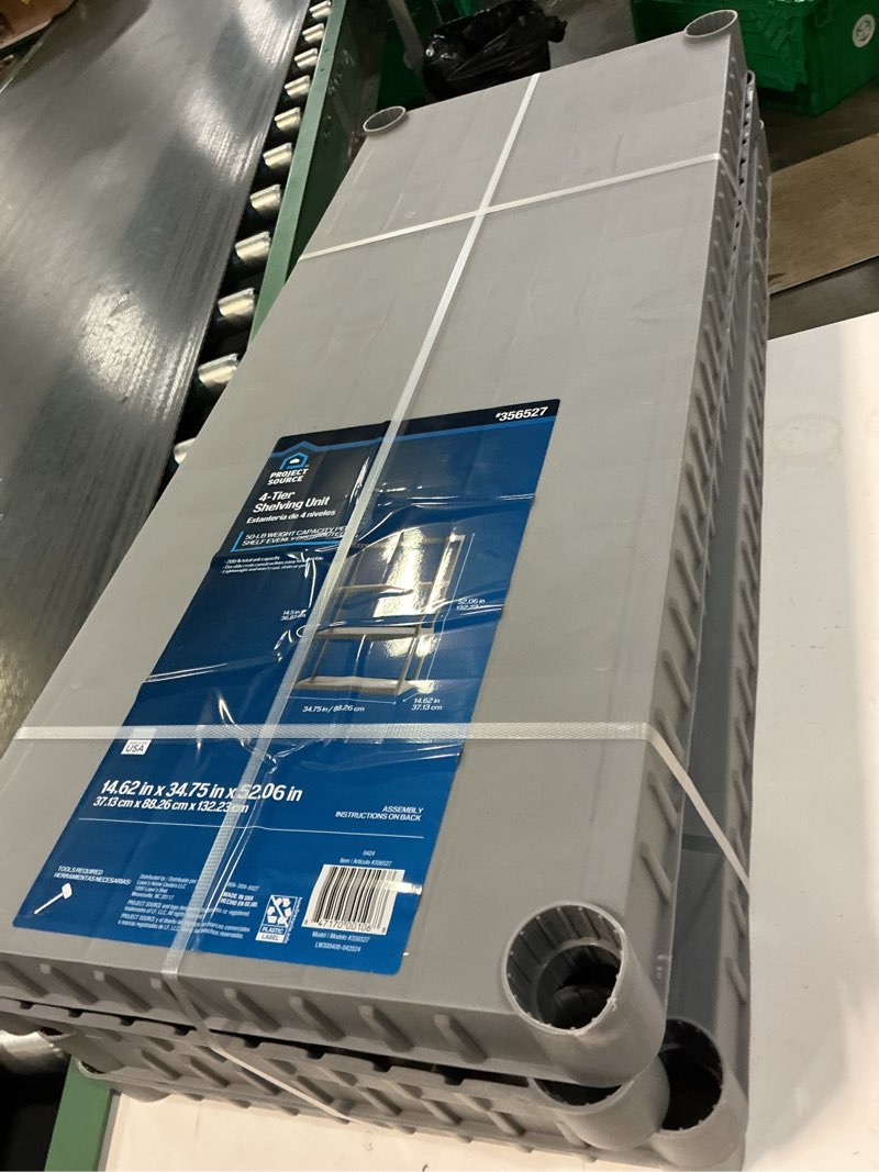 Condition photo showing Good Condition for project source plastic 4-tier utility shelving unit (34.75-in w x 15.06-in d x 52.625-in h), gray, (50-lb capacity per shelf)