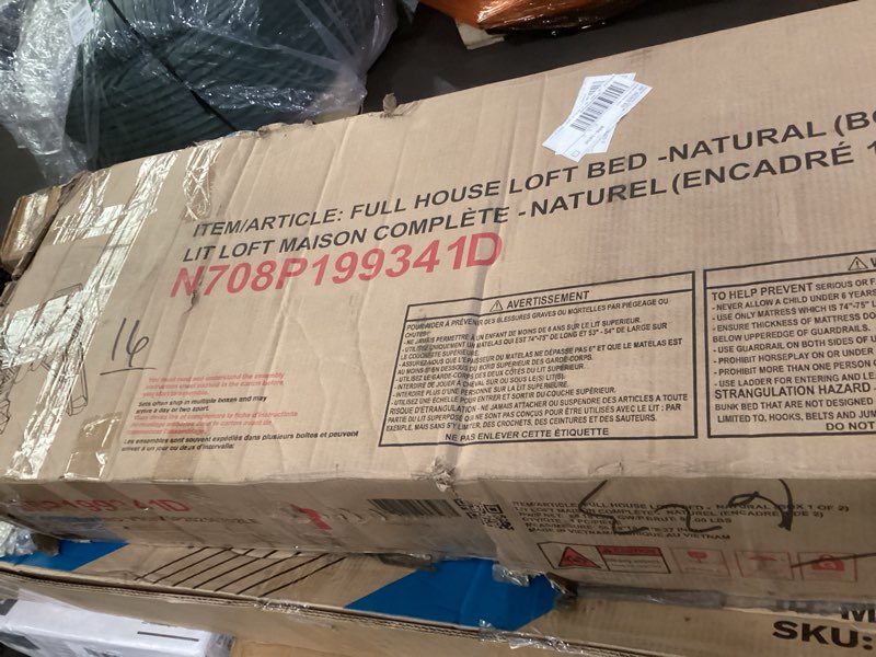 Condition photo showing As Is for incomplete * missing box 2of 2*merax full size junior wood loft bed with slide and storage shelves, house loft bed with staircase for girls boys,easy assemble, natural full natural+beige