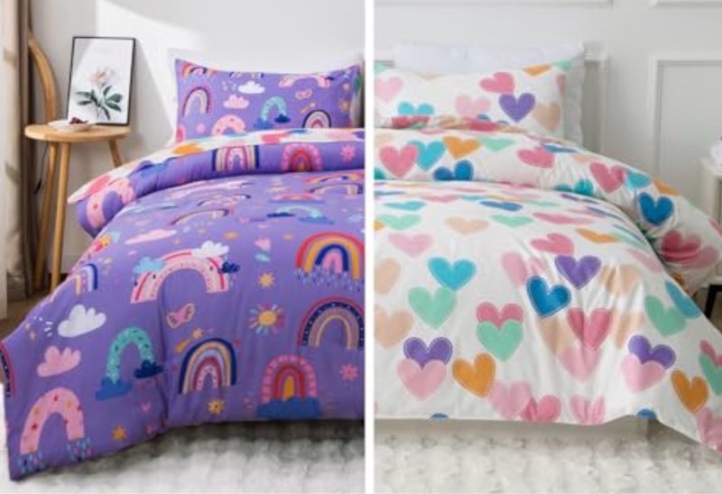 btargot lightweight soft 5 piece rainbow comforter set with 2 pillow covers, cartoon love hearts flowers and sun star bedding set for girls boys kids, twin dark purple