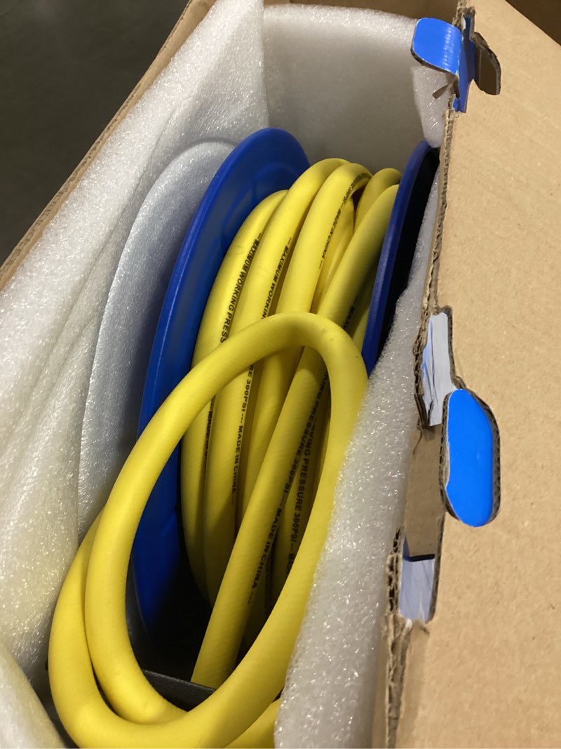 Condition photo showing As Is for kobalt retractable hose reel with 3/8-in x 50-ft hybrid hose