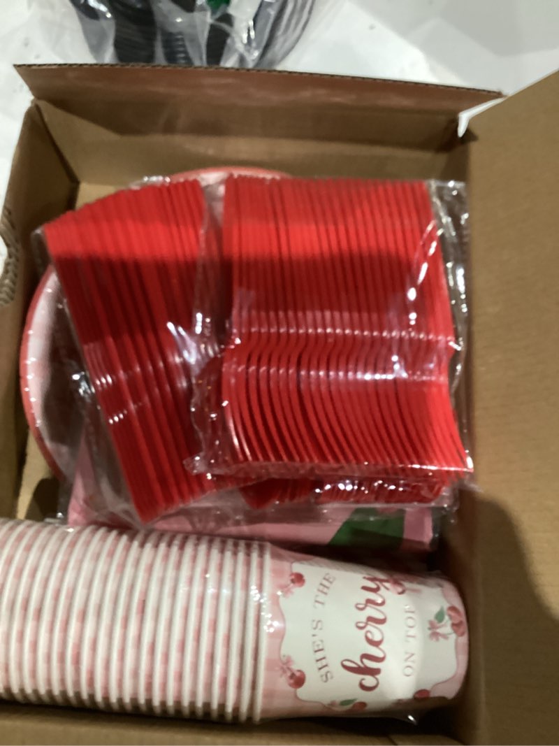 Condition photo showing Good Condition for mehofond cherry bow birthday decorations, coquette cherry birthday party decor includes paper plates and napkins,cups,tablecloth, bowknot baby shower bridal shower bachelorette, serves 24