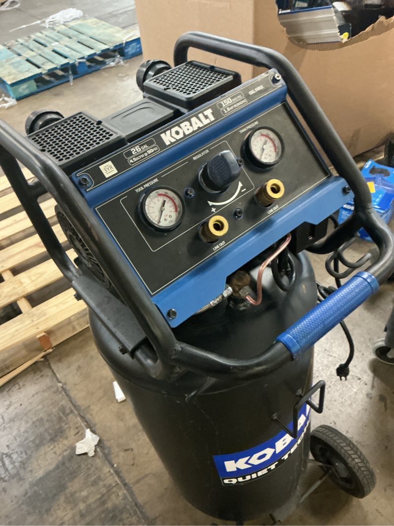 Condition photo showing As Is for Kobalt QUIET TECH 26-Gallon Portable Electric 150 PSI Vertical Air Compressor