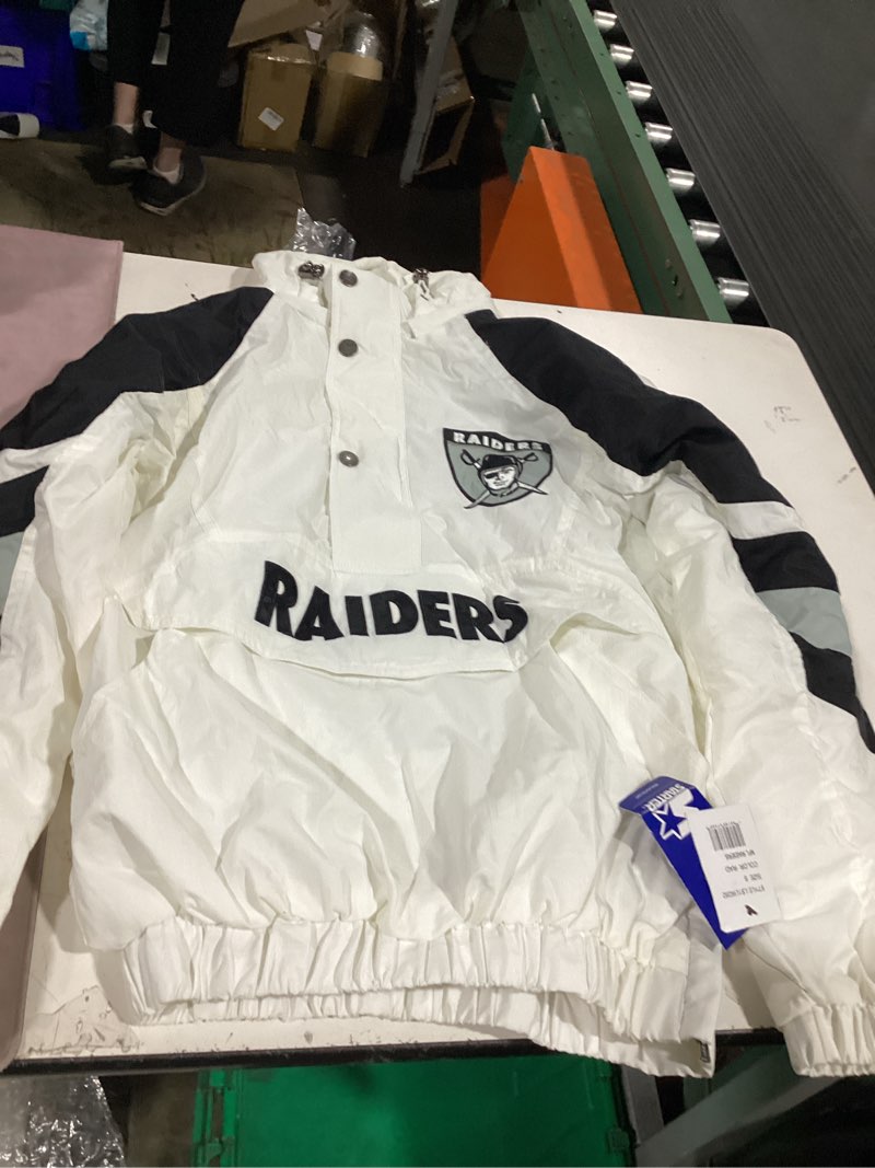 Condition photo showing Good Condition for (small)starter men's white/black las vegas raiders thursday night lights half-snap raglan hoodie jacket