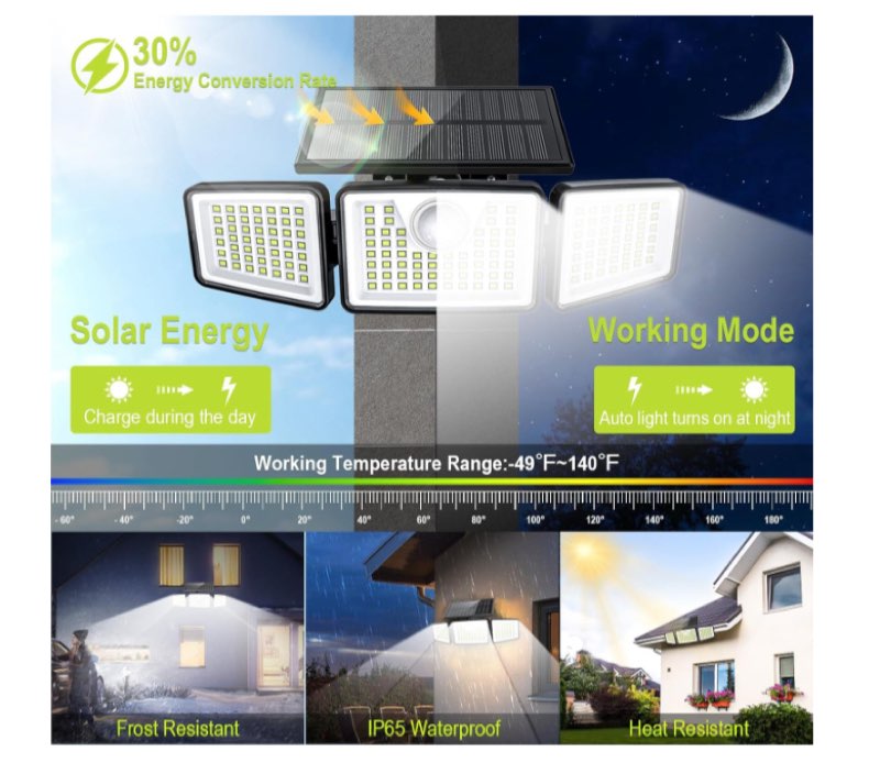 mokot solar lights outdoor, 218led 2500lm solar motion sensor outdoor lights, 3 head ip65 waterproof