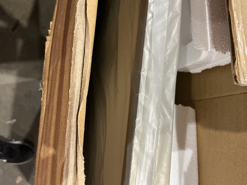 Condition photo showing Good Condition for loaao 40x32 inch brushed nickel bathroom mirror, rounded rectangle silver metal frame mirror, brushed nickel, anti-rust, shatter proof, hangs horizontally or vertically brushed nickel 40"l x 32"w