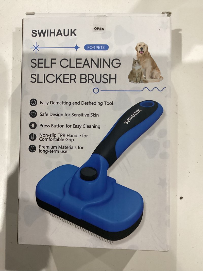 Condition photo showing As Is for swihauk self cleaning slicker brush - skin friendly deshedding grooming tool for dogs & cats, suitable for shedding & haired pets, with pet supplies accessories, blue