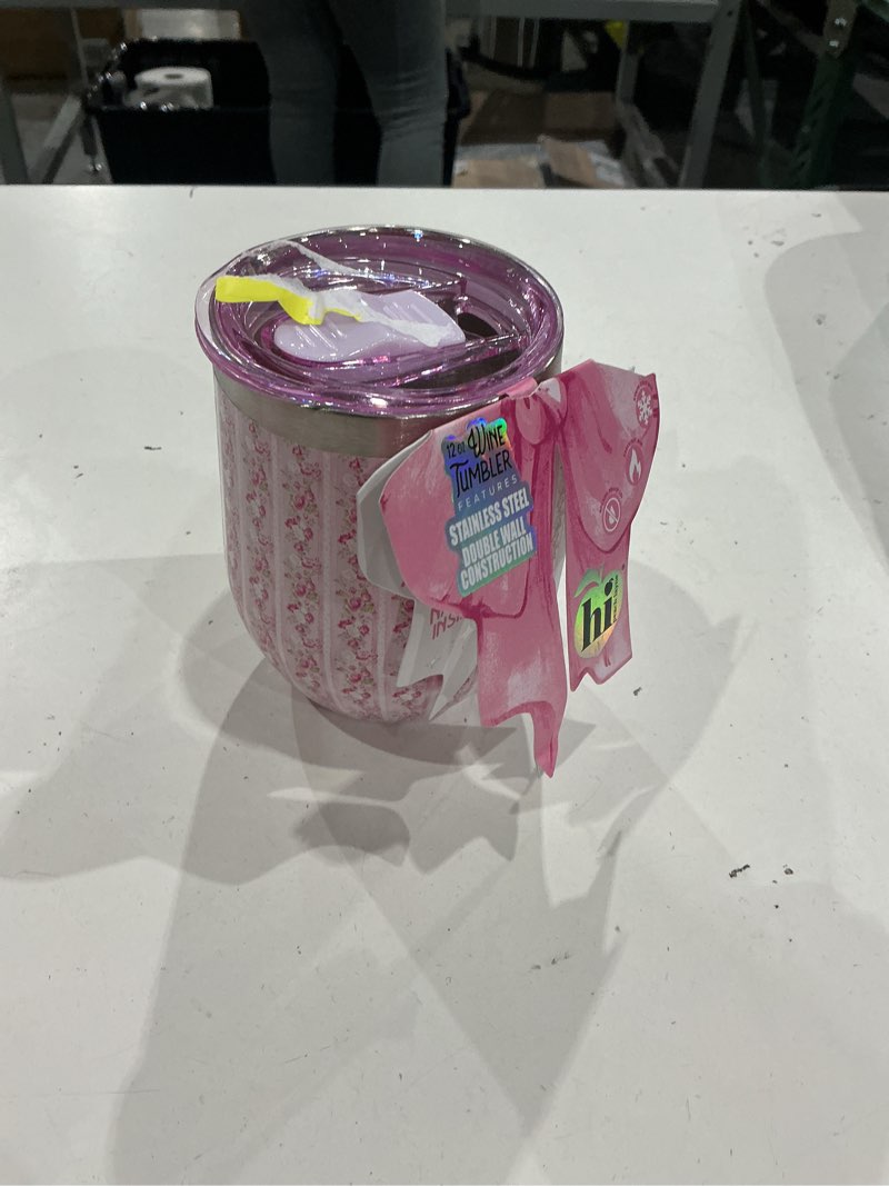 Condition photo showing Good Condition for hi peach layne, mother's day gift set, pink stripe floral wine tumbler with nail file