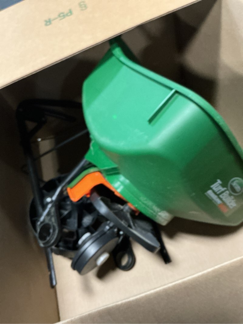 Condition photo showing Good Condition for scotts turf builder edgeguard mini broadcast spreader - spreads grass seed, fertilizer and salt - holds up to 5,000 sq. ft. of scotts grass seed or fertilizer products