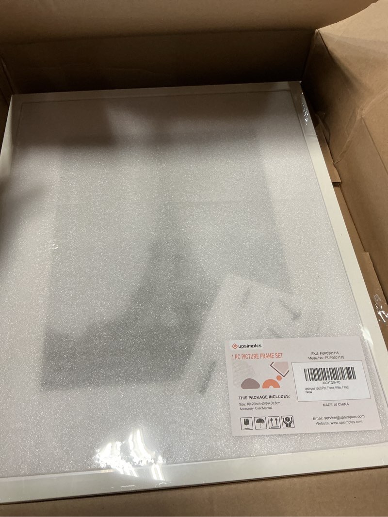 Condition photo showing Good Condition for upsimples 16x20 picture frame, display pictures 11x14 with mat or 16 x 20 without, wall hanging poster frame, white, 1 pack white 16x20