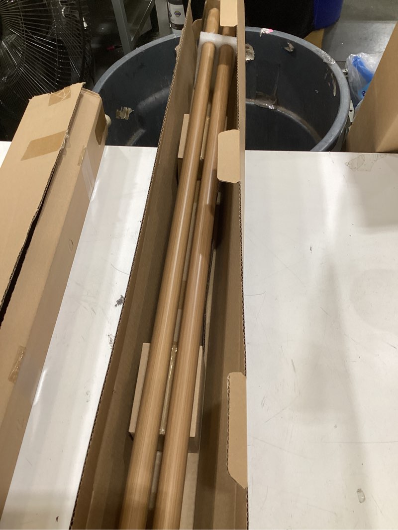 Condition photo showing New/Like New for adjustable 72-144" faux wood curtain rods for window 24-68 ", 1" diameter heavy duty decorative window drapery rod with wood grain leaf finials, farmhouse curtain rod extra long for living room wood grain 1-1/8 inch