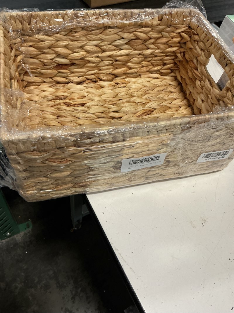 Condition photo showing Good Condition for kokodo 15”l x 11”w large rectangular water hyacinth wicker storage basket with handles, metal frame and chalkboard label, handwoven bin for space-saving room organization natural large 15"lx11"w