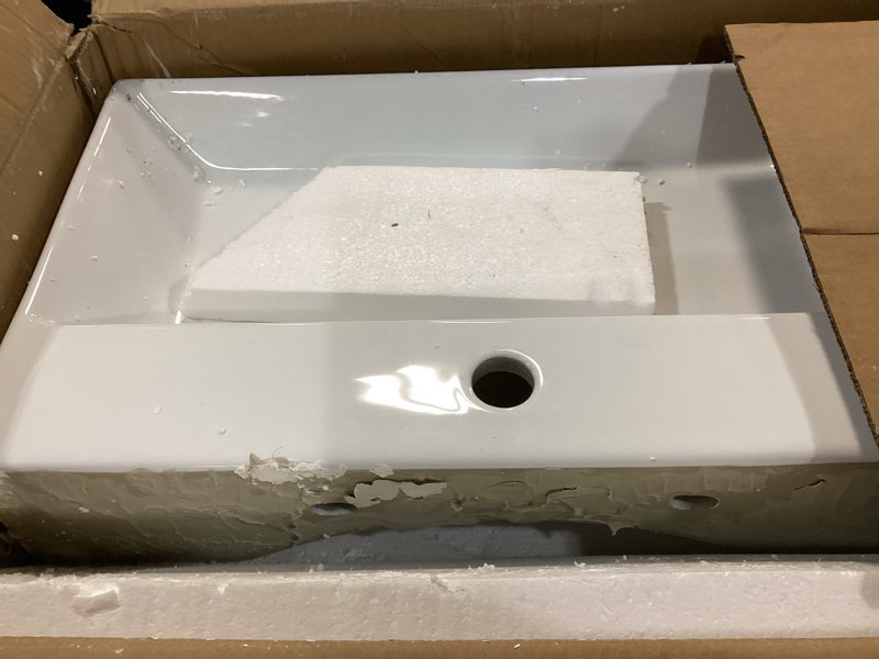 Condition photo showing As Is for Wall Mount Rectangular Bathroom Sink, QISHKA 24"x14" Modern Ceramic Floating Vessel Sink, White Rectangle Vanity Sink with Overflow, Wall Hung Wash Hand Basin White 24" x 14.1" x 5.1"