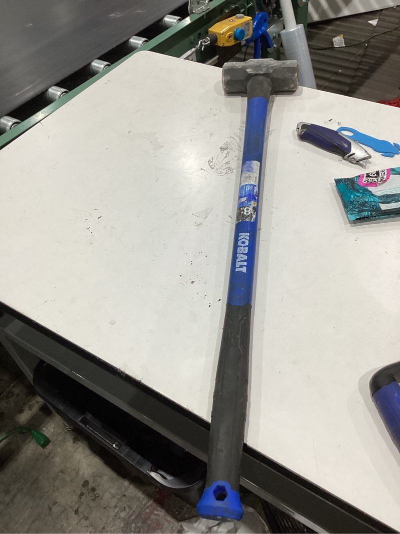 Condition photo showing As Is for 500+ bought last week kobalt black hammers 8 -lb steel head fiberglass handle engineering sledge hammer