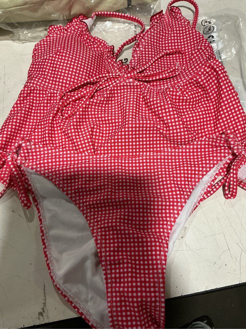 Condition photo showing Good Condition for zaful tankini swimsuits for women v neck textured knot tie ruffle trim bikini swimsuit tie side 2 pieces bathing suit 2-gingham red medium