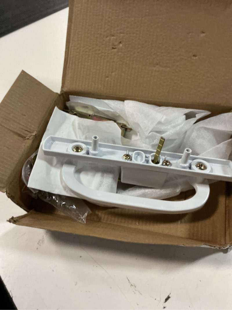 Condition photo showing Good Condition for patio sliding door handle set with mortise lock, key cylinder and keeper, replacement handle lock set fits door thickness from 1-1/2" to 2-1/4", 3-15/16" screw hole spacing, keyed, white
