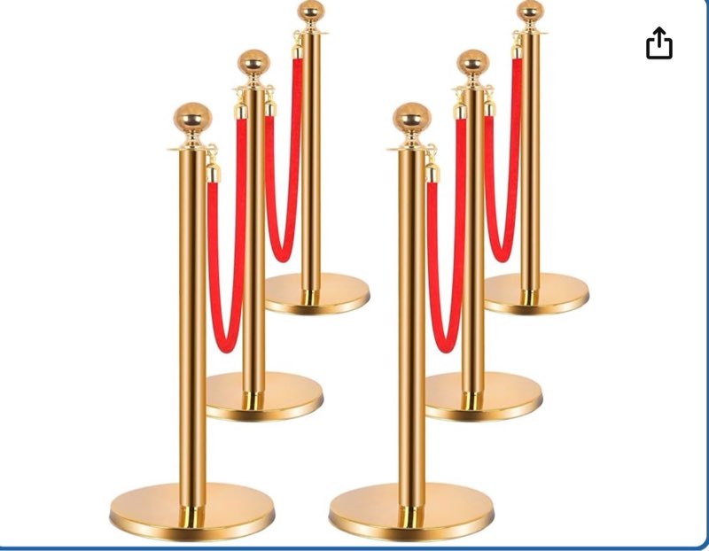 stainless steel stanchion post set 6pcs pole w/ 4 red velvet 5ft ropes - hollow base for crowd control barriers, ideal for red carpet, party, wedding, hotels, exhibitions - gold
