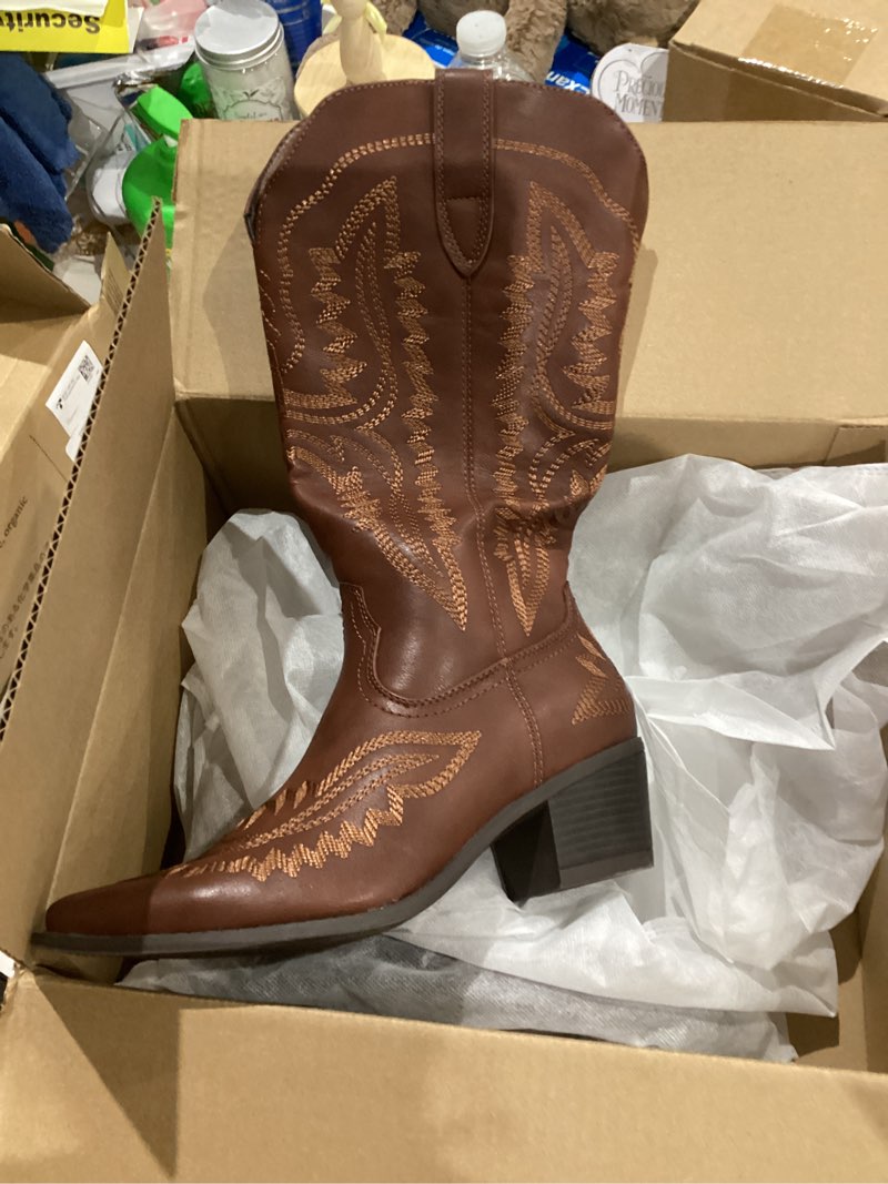 Condition photo showing Good Condition for Athlefit Women's Square Toe Embroidery Western Mid Calf Cowboy Boots 7.5 Brown