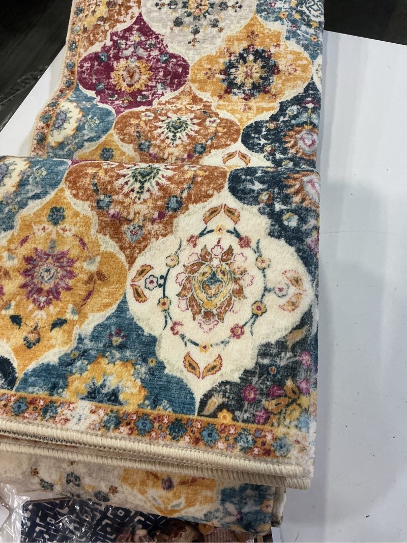 Condition photo showing Good Condition for kilococo 2x8 runner rug, moroccan super soft washable hallway entryway runner rug, accent print faux wool kitchen runner rug 6 feet non-slip boho rug runners for laundry room bedroom, colorful 2' x 8' (runner) colorful