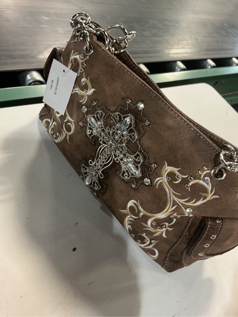 Condition photo showing Good Condition for rhinestones & studs cross handbag concealed carry purse motorcycle religious bag