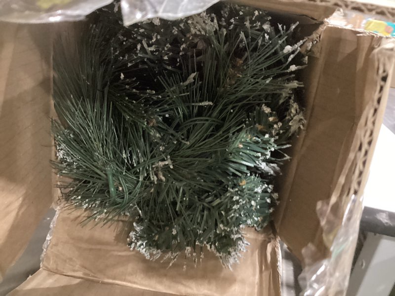 Condition photo showing As Is for Tabletop Christmas Tree, 3FT Burlap Base with 35 LED Lights, White Tipped Branches, Prelit Small Artificial Tabletop Snow Flocked Christmas Trees Decor with Timer, for Outdoor Indoor Porch Table Xmas