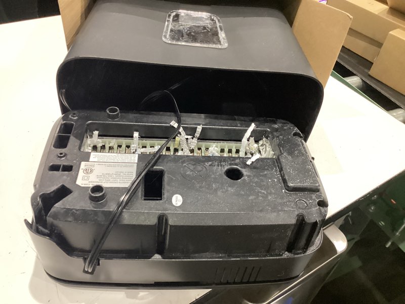 Condition photo showing As Is for pen+gear 12-sheet cross-cut paper/credit card shredder with 5.5 gallon bin, black, home & office use