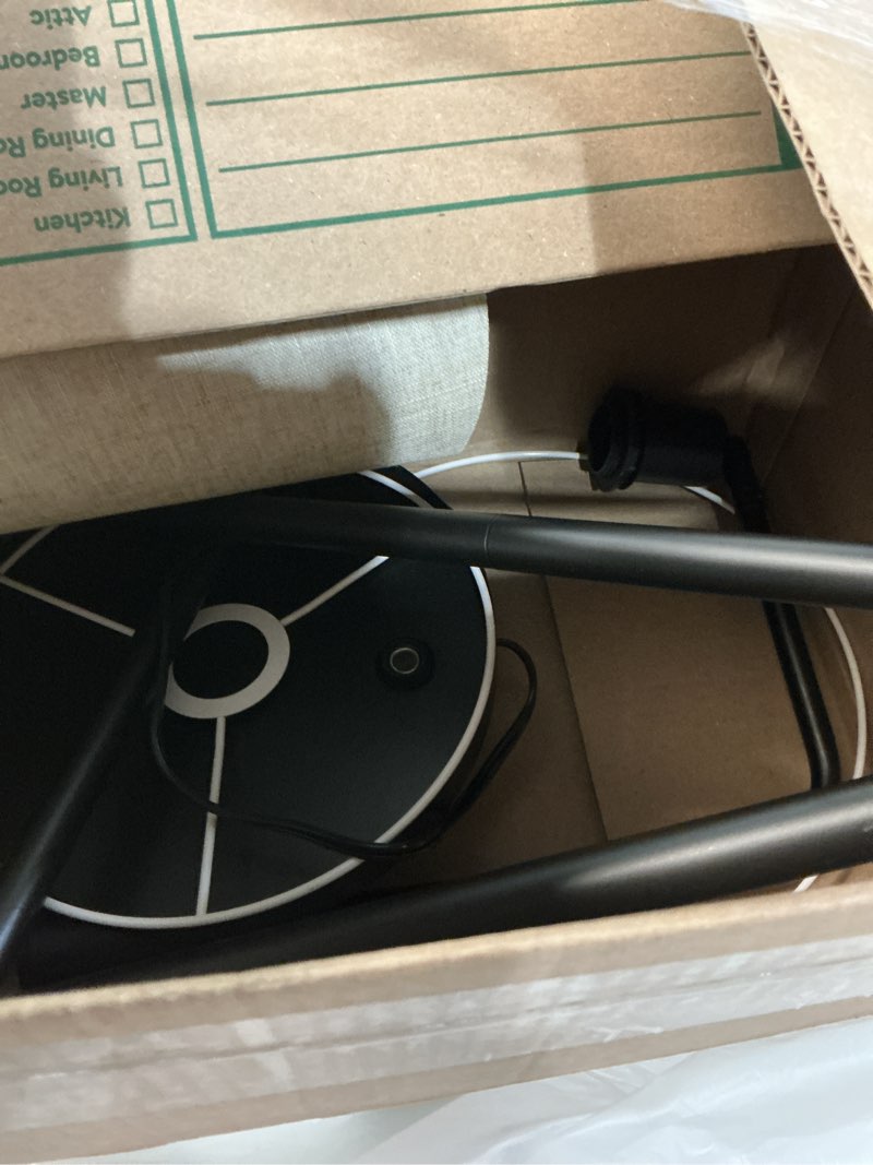 Condition photo showing As Is for ?Upgraded? Dimmable Floor Lamp, 1000 Lumens LED Edison Bulb Included, Arc Floor Lamps for Living Room Modern Standing Lamp with Linen Shade, Tall Lamp for Bedroom Office Dining Room- Black Matte Black-Beige Linen Shade