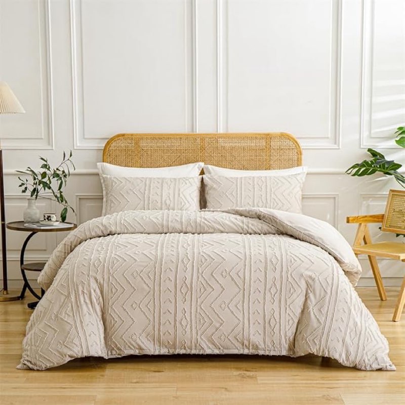 inflag boho duvet cover, boho tufted microfiber bedding comforter cover set for all season, 3 pcs,1 duvet cover & 2 pillowcases (beige 02, king 104"x90")