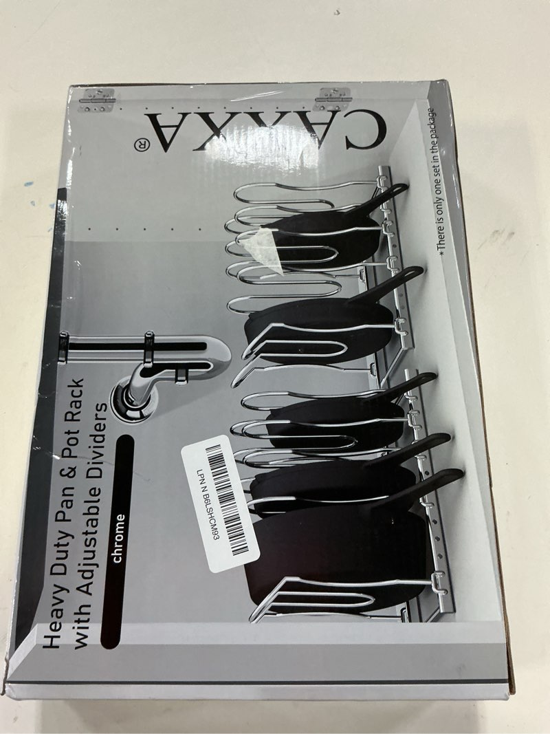 Condition photo showing New/Like New for CAXXA Heavy Duty Pan Rack, Pot Lid Rack, Kitchen Cabinet Pantry Cookware Organizer Rack Holder with 5 Adjustable Dividers, Chrome