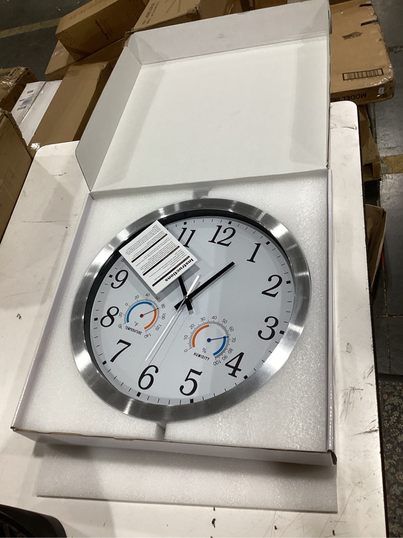 Condition photo showing New/Like New for caysie 16 inch indoor outdoor clocks waterproof with thermometer and hygrometer combo, silent battery operated quartz metal wall clock for patio pool bathroom home (white) white 16 inch