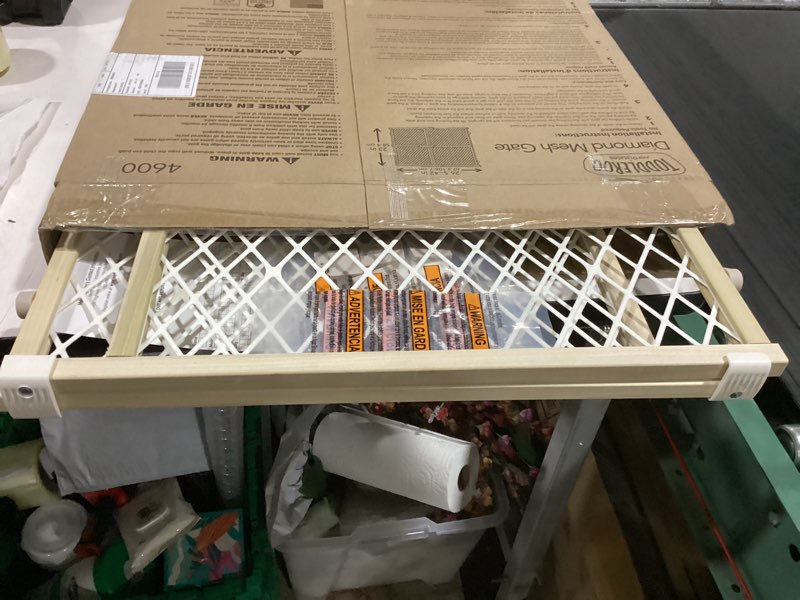 Condition photo showing As Is for toddleroo by north states - diamond mesh wooden baby gate: pressure mounted baby gate for doorways - adjustable 26.5 to 42 inches wide - 23 inches tall