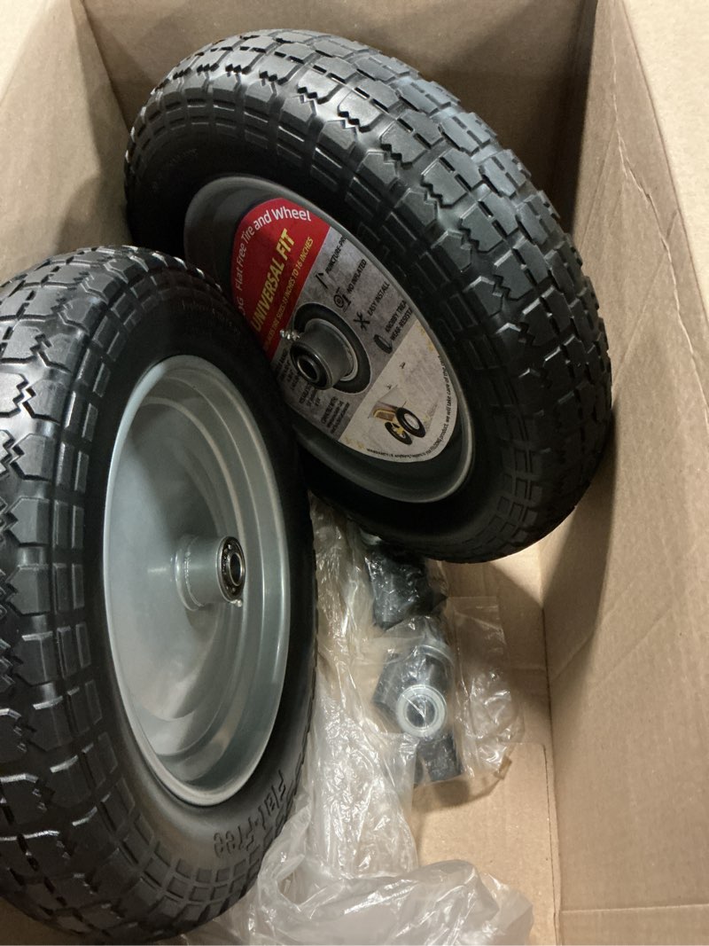Condition photo showing New/Like New for 2-pack 13x5.00-6 flat-free tire with rim,3"centered hub with 3/4" bushings,w/grease fitting?400lbs capacity,13x5-6 no-flat solid rubber turf wheel,for riding lawn mower,garden cart,wheelbarrow