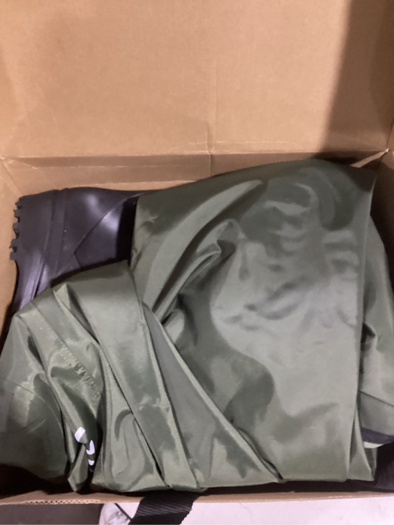 Condition photo showing Good Condition for kids chest waders with boots, waterproof pvc youth fishing waders with reinforced knees & reflective strips 8/9 big kid green