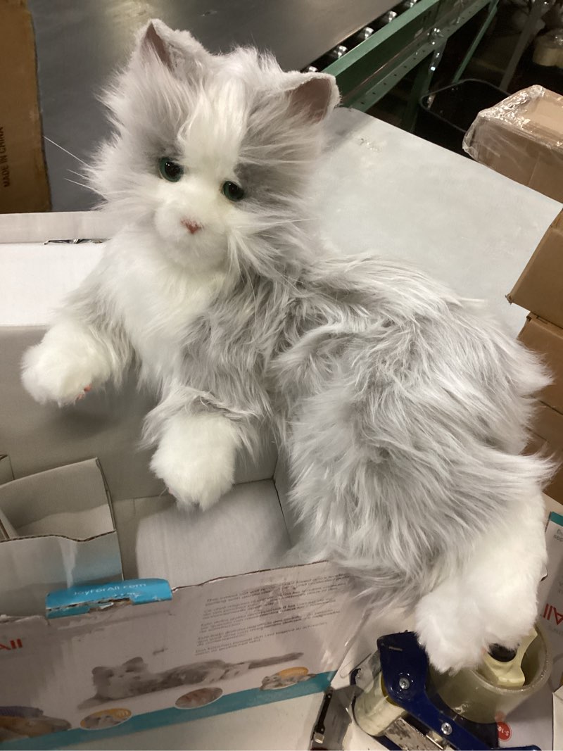 Condition photo showing New/Like New for JOY FOR ALL Companion Pet for Seniors - Lifelike Animatronic Cat - Realistic Soft-Touch Fur & Purring - Therapy Stuffed Animal - Toy for Alzheimer's & Dementia - Silver w/White Silver Cat With White Mitts