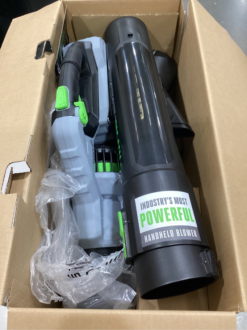 Condition photo showing As Is for ego power+ 56-volt 765-cfm 200-mph battery handheld leaf blower 5.0 ah battery included charger included