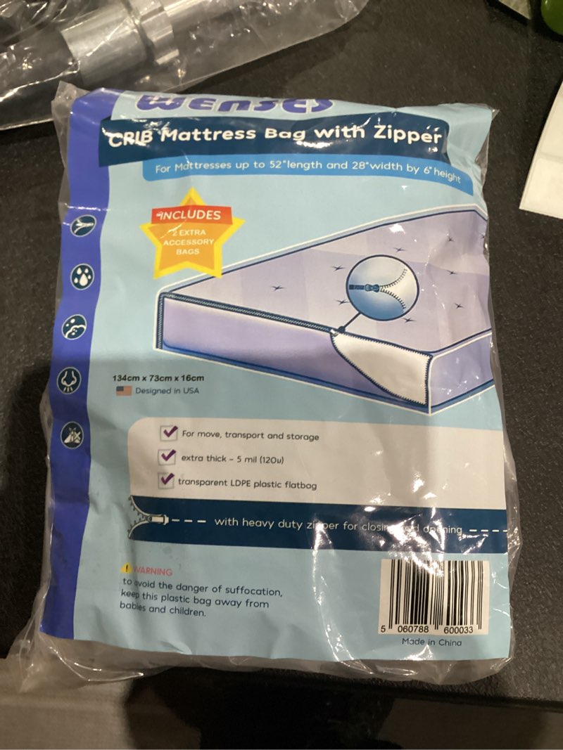 Condition photo showing As Is for Crib Mattress Storage Bag with Zipper, 5 Mil Clear Plastic Cover for Moving, Includes Accessory Bags