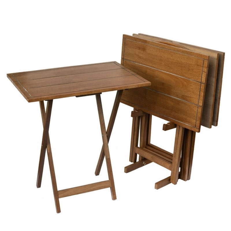 mainstays folding xl oversize tv tray set of 4 with storage rack, farmhouse walnut finish
